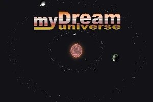 Logo myDream universe na tle kosmosu z planetami i orbitami