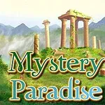 Starożytne ruiny na zielonym wzgórzu z górskim krajobrazem w tle oraz napis Mystery Paradise