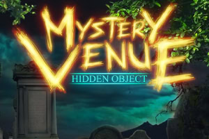 Napis Mystery Venue: Hidden Object w świetlistej czcionce na tle ciemnego krajobrazu z zielonymi liśćmi i zarysami pomników