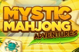 Jasne, żółto-zielone tło z dużym napisem Mystic Mahjong Adventures oraz kafelkiem z symbolem kraba w lewym dolnym rogu