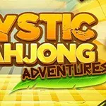 Jasne, żółto-zielone tło z dużym napisem Mystic Mahjong Adventures oraz kafelkiem z symbolem kraba w lewym dolnym rogu