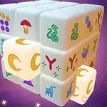 Trójwymiarowa kostka z symbolami, takimi jak księżyce, grzyby i zwierzęta, na tle nocnego nieba z gwiazdami