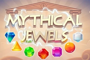 Napisy Mythical Jewels na tle starożytnej świątyni z wyróżniającymi się kolorowymi klejnotami na dole