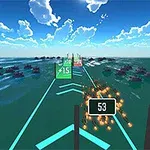 Wirtualna scena nad wodą z niebem pełnym chmur, widokiem na liczby i elementy graficzne unoszące się nad powierzchnią