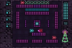 Pikselowa grafika z neonowymi kolorami, przedstawiająca labirynt z kolorowymi czołgami i ozdobioną choinką z boku