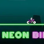 Fioletowy motocykl na neonowej zielonej linii z napisem NEON BIKER w kolorach zielonym i różowym na tle ciemnych sylwetek budynków