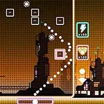 Cybernetyczne tło zmodernizowanego miasta z neonowymi ikonami i przerywaną linią w centrum