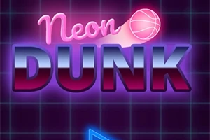 Neonowy napis Neon Dunk na tle ciemnej siatki z efektem świecącej koszykarskiej piłki