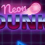 Neonowy napis Neon Dunk na tle ciemnej siatki z efektem świecącej koszykarskiej piłki