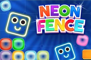 Kolorowe neonowe klocki z twarzami na niebieskim tle i napis NEON FENCE