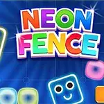 Kolorowe neonowe klocki z twarzami na niebieskim tle i napis NEON FENCE