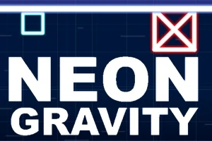Niebieski kwadrat i czerwony krzyżyk na ciemnym tle z białym napisem NEON GRAVITY