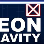 Niebieski kwadrat i czerwony krzyżyk na ciemnym tle z białym napisem NEON GRAVITY