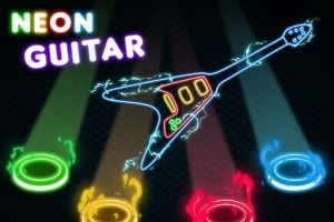Neonowy zarys gitary z kolorowymi kręgami i napisem Neon Guitar