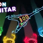 Neonowy zarys gitary z kolorowymi kręgami i napisem Neon Guitar
