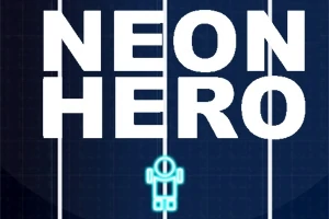 Napis NEON HERO na ciemnym tle z neonową postacią robota poniżej
