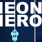 Napis NEON HERO na ciemnym tle z neonową postacią robota poniżej