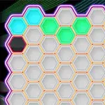 Kolorowe, fluorescencyjne sześciokąty na czarnym tle z wyraźnym neonowym obramowaniem