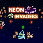 Neonowe elementy graficzne przedstawiające kosmiczne statki i napisy na ciemnym tle z kolorowymi obiektami