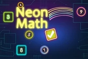 Neonowe liczby i symbole na ciemnym tle z tęczowymi liniami i napisem Neon Math