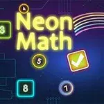 Neonowe liczby i symbole na ciemnym tle z tęczowymi liniami i napisem Neon Math