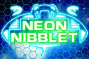 Neonowy napis Neon Nibbler na tle wzoru przypominającego plastry miodu z dwoma stylizowanymi wężami po bokach