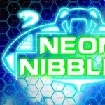 Neonowy napis Neon Nibbler na tle wzoru przypominającego plastry miodu z dwoma stylizowanymi wężami po bokach
