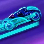 Futurystyczny, neonowy motocykl pędzący po świetlistej trasie na fioletowym tle