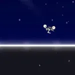 Postać w czarno-białym kolorze leci nad jasno świecącą linią w kosmicznej scenerii z gwiazdami na ciemnym niebie