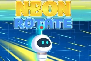 Jasny robot z antenką na niebieskim tle z napisami NEON ROTATE w stylu neonowym