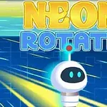 Jasny robot z antenką na niebieskim tle z napisami NEON ROTATE w stylu neonowym