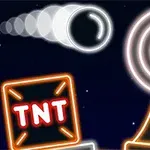 Neonowe ikony z symbolem TNT, kręgiem tarczy i toczącą się kulą na ciemnym tle