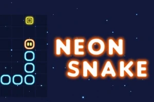 Niebieski neonowy wąż na ciemnym tle z jasnymi literami NEON SNAKE