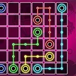 Kolorowe linie łączące różnobarwne, świecące punkty na siatce z fioletowym tłem i interfejsem po prawej stronie