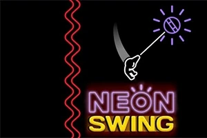 Neonowe napisy z migoczącym efektem, przedstawiające słowa NEON SWING, a obok czerwona falista linia i stylizowany symbol ręki chwytającej świecącą kulę