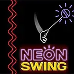 Neonowe napisy z migoczącym efektem, przedstawiające słowa NEON SWING, a obok czerwona falista linia i stylizowany symbol ręki chwytającej świecącą kulę