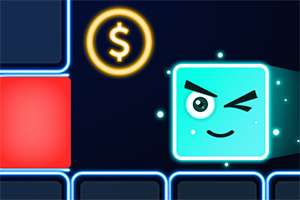 Błękitny, uśmiechnięty sześcian mrugający okiem obok ikony dolara na ciemnym tle