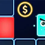 Błękitny, uśmiechnięty sześcian mrugający okiem obok ikony dolara na ciemnym tle