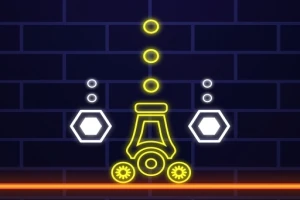 Neonowa grafika przedstawiająca armatę na tle ciemnej ceglanej ściany z żółtymi i białymi elementami geometrycznymi