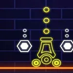 Neonowa grafika przedstawiająca armatę na tle ciemnej ceglanej ściany z żółtymi i białymi elementami geometrycznymi