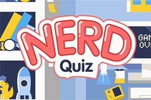 Kolorowa ilustracja z napisem NERD Quiz na tle półek z książkami i przedmiotami, takimi jak rakieta i kontroler do gier