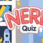 Kolorowa ilustracja z napisem NERD Quiz na tle półek z książkami i przedmiotami, takimi jak rakieta i kontroler do gier
