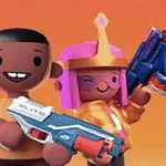 Dwie kreskówkowe postacie trzymające kolorowe pistolety zabawkowe na pomarańczowym tle