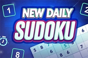 Niebieskie tło z napisem New Daily Sudoku oraz fragmenty planszy z cyframi