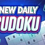 Niebieskie tło z napisem New Daily Sudoku oraz fragmenty planszy z cyframi