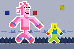 Różowa i żółta postać z uśmiechniętymi buziami na tle szarej ściany z kolorowymi kwadratami i niebieskimi stworkami