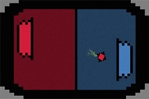 Pikselowa arena podzielona na czerwoną i niebieską połowę z ruchomym czerwonym obiektem pośrodku