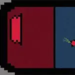 Pikselowa arena podzielona na czerwoną i niebieską połowę z ruchomym czerwonym obiektem pośrodku