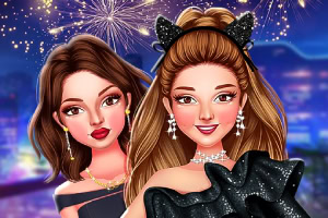 Dwie stylowo ubrane kobiety na tle fajerwerków i rozświetlonego nocnego miasta