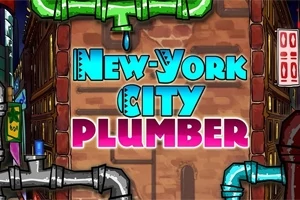 Kolorowy napis New York City Plumber na tle ceglanej ściany z elementami rur wodociągowych